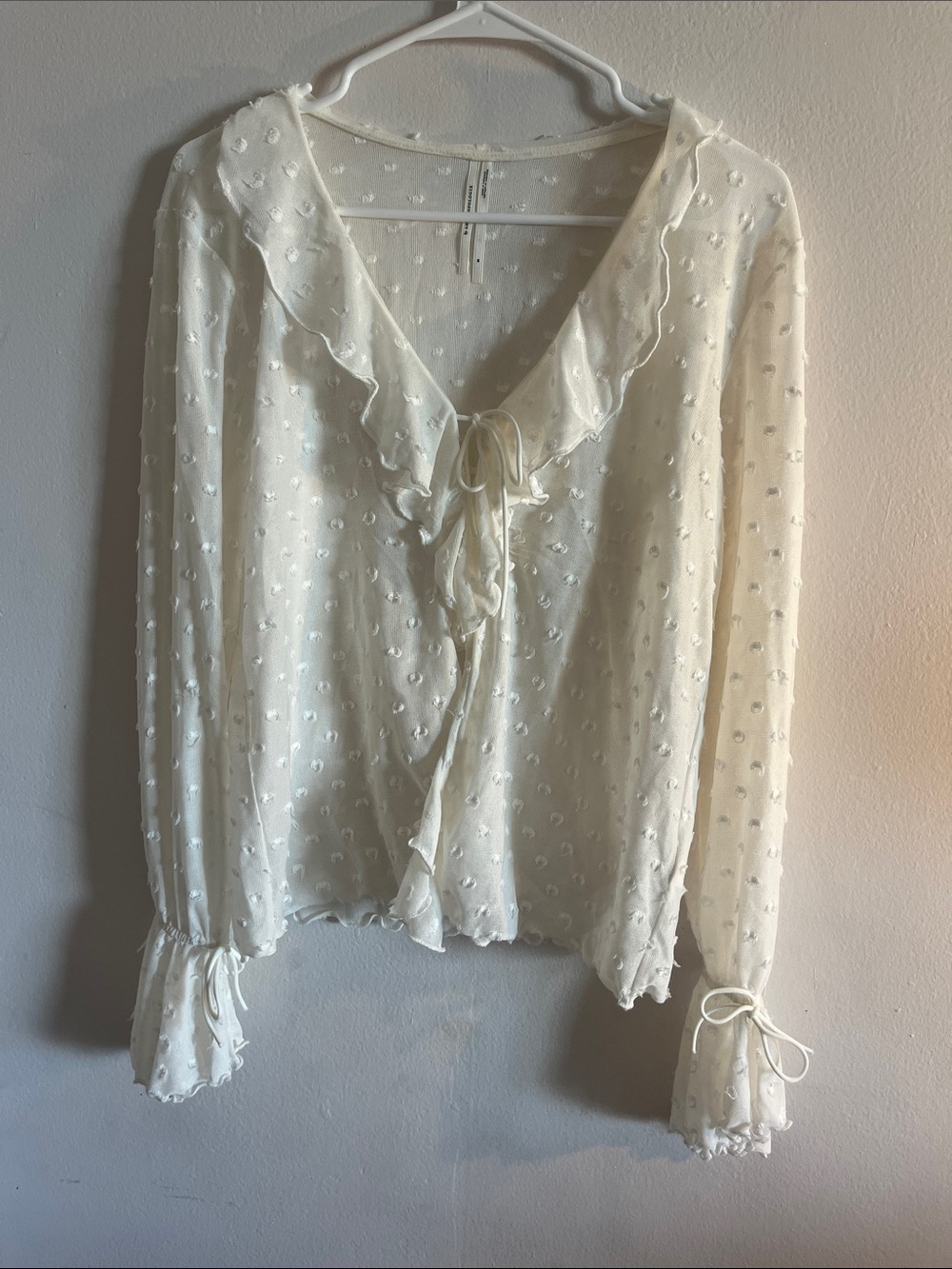 Anthropologie Ivory Swiss-Dot Ruffle Tie-Neck Blouse